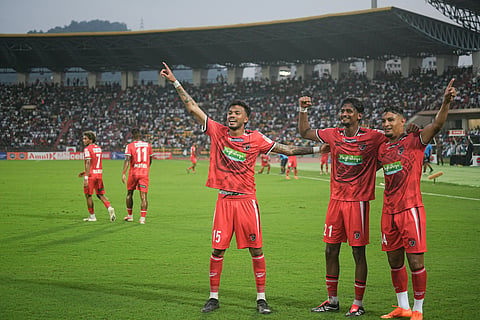 NorthEast United celebrate a goal against Bodoland FC on Saturday