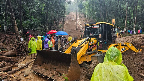 Rescue operations at Payyanithottam in Poonjar Thekkekara panchayat where a landslide left one person dead in the early hours of Saturday, August 1, 2026.
