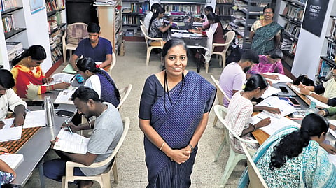 Initha Thangavelu Kumar at the S R Thangavelu Free Library in Sulur, Coimbatore district