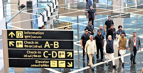 PM Narendra Modi, governor Abdul Nazeer, CM Nara Chandrababu Naidu, union civil aviation minister Kinjarapu Ram Mohan Naidu, deputy CM Pawan Kalyan and others during the inauguration of Alluri Sitaramaraju International Airport on Saturday.