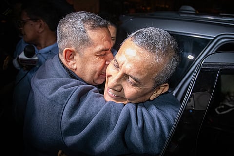 Former Peru's President Ollanta Humala is embraced by a supporter after leaving Barbadillo prison in Lima on July 31, 2026.