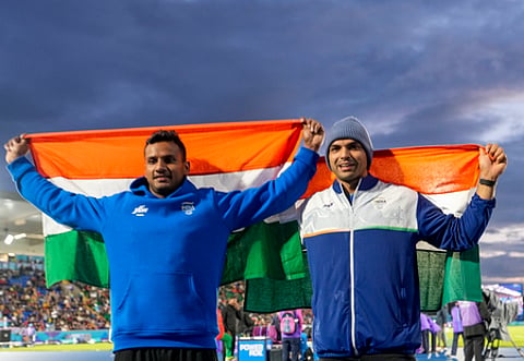 Neeraj Chopra and Yashvir Singh after the final at the Commonwealth Games