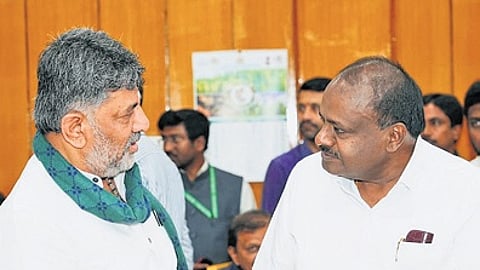 CM DK Shivakumar with Union Minister HD Kumaraswamy during the all-party meeting on Sunday | Express