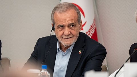 FILE - President of Iran Masoud Pezeshkian takes questions from the media during a news conference in New York on Sept. 26, 2025.
