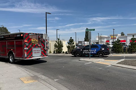 This image provided by KMVT shows the scene of a shooting that started at an In-N-Out Burger restaurant, Saturday, Aug. 1, 2026 in Twin Falls, Idaho.