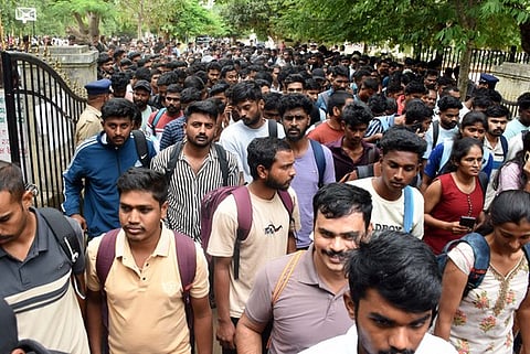 Candidates who wrote the preliminary exam for civil police constable posts at exam center in Mysuru on Sunday, August 2, 2026.