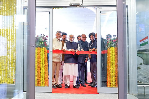 PM Narendra Modi, CM Nara Chandrababu Naidu and deputy CM Pawan Kalyan and others during the inauguration of Alluri Sitaramaraju International Airport on Saturday.