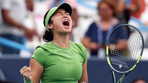 Alexandra Eala of the Philippines celebrates after winning a women's singles match against Naomi Osaka of Japan on day six of the Mubadala DC Open 2026 at William H.G. FitzGerald Tennis Center on August 01, 2026 in Washington, DC.