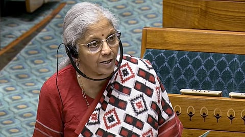 Union Finance Minister Nirmala Sitharaman speaks in the Lok Sabha during the Monsoon session of Parliament, in New Delhi, Tuesday, Aug. 4, 2026.