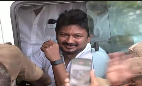Tamil Nadu Leader of Opposition Udhayanidhi Stalin after he was detained by the police.