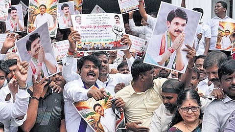 Supporters of Govindaraj Nagar MLA Priya Krishna protest outside the KPCC office in Bengaluru on Tuesday.