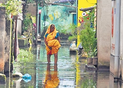 A woman wades through a waterlogged path in Bhubaneswar on Thursday.