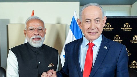 In this photo from Feb 26, 2026, Prime Minister Narendra Modi poses with his Israeli counterpart Benjamin Netanyahu in Jerusalem.