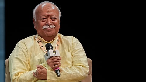 Rashtriya Swayamsevak Sangh (RSS) chief Mohan Bhagwat interacts with students during an India's International Movement to Unite Nations (IIMUN) event, in Mumbai, Maharashtra, Thursday, Aug. 6, 2026.