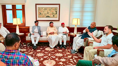 Lok Sabha LoP Rahul Gandhi, Rajya Sabha LoP Mallikarjun Kharge, and floor leaders of the INDIA alliance during a meeting, in New Delhi.