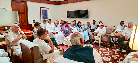 Lok Sabha LoP Rahul Gandhi, Rajya Sabha LoP Mallikarjun Kharge, and floor leaders of the INDIA alliance during a meeting, in New Delhi.