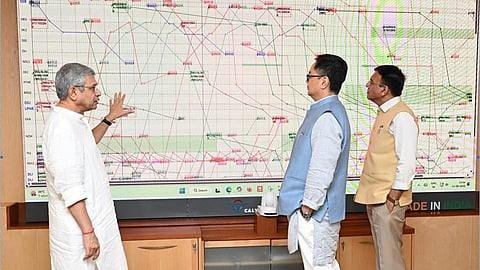 Union Minister for Parliamentary Affairs Kiren Rijiju (middle) and Union Minister for Labour and Employment Dr Mansukh Mandaviya (right) with Railway Minister Ashwini Vaishnaw.