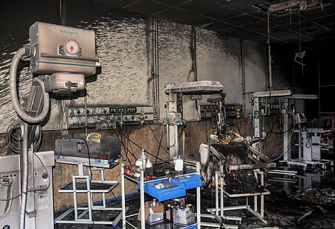 Charred remains of medical equipment in the Neonatal Intensive Care Unit (NICU) of a government hospital where a fire killed at least three newborns, in Amravati district, Maharashtra, Monday, Aug. 24, 2026.