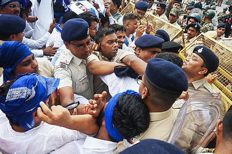 A clash broke out between Bhim Army supporters and police during 'Adhikar March' demanding the cancellation of the 70th BPSC examination, while condemning the alleged irregularities in the competitive examination at Gandhi Maidan, in Patna on Saturday.