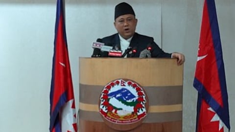 Nepal’s Foreign Minister Shisir Khanal addressing a press briefing at Singhdurbar.