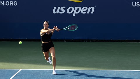 Belarus' Aryna Sabalenka takes part in a training session ahead of the 2026 US Open tennis tournament at the USTA Billie Jean King National Tennis Center in New York on August 26, 2026.