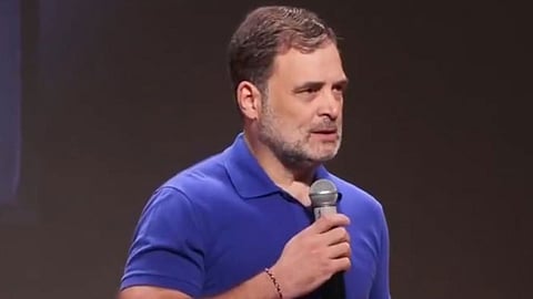 Rahul Gandhi addressing a press conference at the Congress headquarters in New Delhi.
