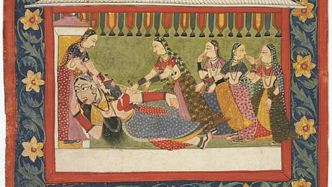 Demoness Putana, the Devourer of Infants: the first asura sent by Kansa to kill Krishna. In this illustration, Krishna kneels triumphantly on Putana's enormous chest as she dies, her breast and tongue lolling, while the village women look on in wonder