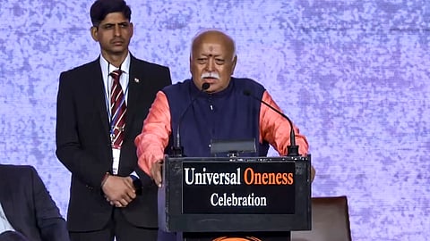RSS chief Mohan Bhagwat addresses the gathering during the Universal Oneness Celebrations, in New York, USA, Sunday, Aug. 30, 2026.