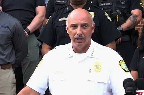 In this image made from video provided by WLTX News19, Columbia police Chief W.H. “Skip” Holbrook speaks during a news conference about a shooting that killed one of the department’s officers and injured at least one other