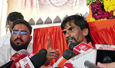 Maratha quota activist Manoj Jarange Patil speaks to media during his protest demanding Kunbi caste certificates for eligible Marathas and calls for the cancellation of Maharashtra Deputy Chief Minister Eknath Shinde's event, in Parbhani on Sunday.