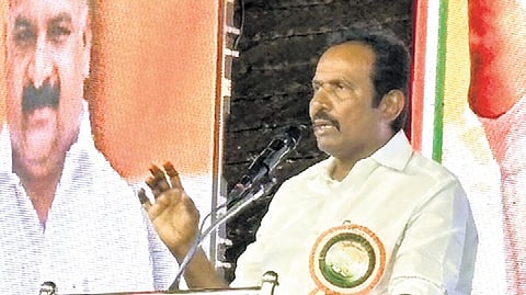 Minister S Rajesh Kumar addressing a party event in Kanniyakumari