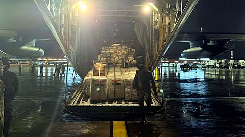 In this image posted on Aug. 30, 2026, humanitarian relief supplies from India are unloaded after a fourth Indian flight carrying medical and tunnel rescue teams arrives in Kathmandu, Nepal.