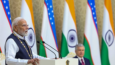 Prime Minister Narendra Modi addresses after being conferred with Uzbekistan's prestigious 'Oliy Darajali Do'stlik' by Uzbekistan's President Shavkat Mirziyoyev, at the Kuksaroy Presidential Palace in Tashkent, Uzbekistan