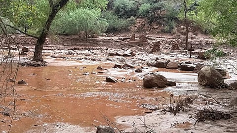 This photo provided by the National Park Service shows remnants of stone bridge pylons along Bright Angel Creek in the Grand Canyon following a flash flood that destroyed the footbridge, Saturday, Aug. 29, 2026.