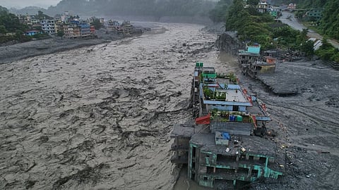 A drone view of the aftermath of flash flooding along the Trishuli river amidst fresh water surge warning in the Trishuli Bazaar area of Nuwakot district, Nepal, Sunday, Aug. 30, 2026.