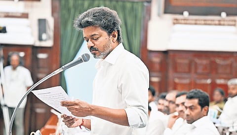 CM C Joseph Vijay addressing the Assembly in Chennai on Monday while announcing a semiconductor and electronics manufacturing park in Maduranthagam