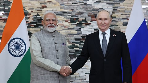 Russian President Vladimir Putin, right, and Prime Minister Narendra Modi pose for a photo during their meeting on the sidelines of the Shanghai Cooperation Organization (SCO), in Bishkek, Kyrgyzstan, on Monday, Aug. 31, 2026.