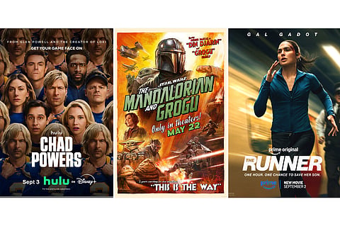 This combination of images shows promotional art for the series "Chad Powers," from left, and the films "Star Wars: The Mandalorian and Grogu," and "The Runner."