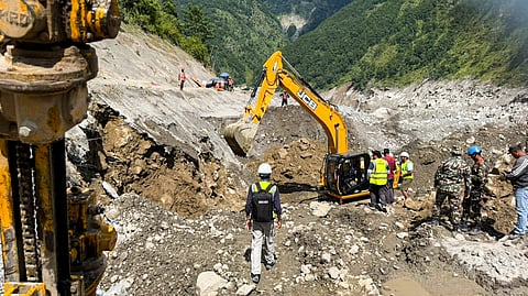 In this image received on Aug. 30, 2026, A Nepal army official during a rescue operation for the people trapped inside the tunnel of the Upper Trishuli 3 'A' Hydropower Project in Nuwakot, Nepal.