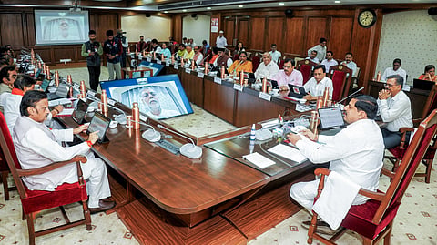 Madhya Pradesh Chief Minister Mohan Yadav chairs a meeting with cabinet ministers and other officials in Bhopal on Tuesday.