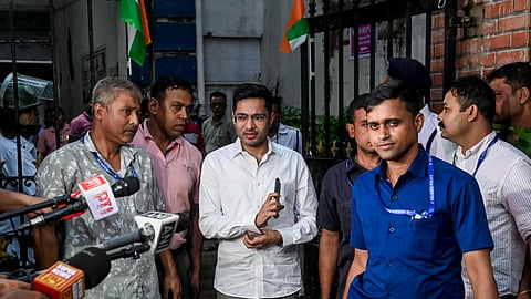 Trinamool Congress MP and National General Secretary Abhishek Banerjee leaves the Shakespeare Sarani Police Station after appearing in connection with a scuffle case, in Kolkata, Tuesday, Sept. 1, 2026.