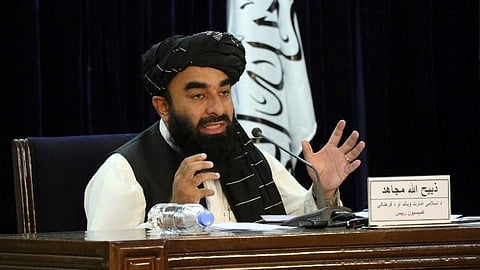 Taliban spokesman Zabihullah Mujahid speaks during a press conference in Kabul, Afghanistan.