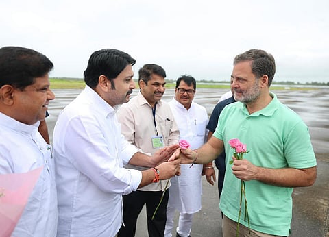 Lok Sabha LoP Rahul Gandhi being welcomed on his arrival, at Nashik Airport, Maharashtra.