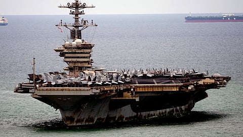 The US Navy aircraft carrier USS Abraham Lincoln arrives at the port in Laem Chabang, Chonburi, Thailand, Wednesday, Sept. 2, 2026.