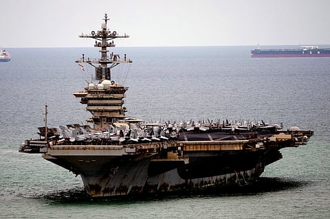 The U.S. Navy aircraft carrier USS Abraham Lincoln arrives at the port in Laem Chabang, Chonburi, Thailand, Wednesday, Sept. 2, 2026.