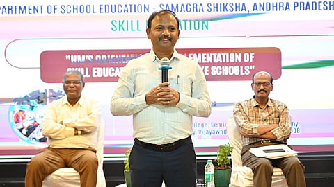 Samagra Shiksha State Project Director (SPD) B Srinivasa Rao speaks at a State-Level Workshop on Skill Education at Andhra Loyola College, Vijayawada.