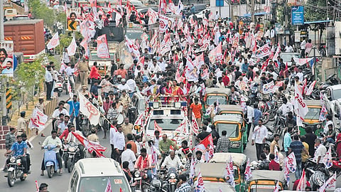 JSP cadre and fans of deputy CM Pawan Kalyan took out a bike rally led by state secretary Ammisetty Vasu on the occasion of the birthday of the deputy CM in Vijayawada on Wednesday.