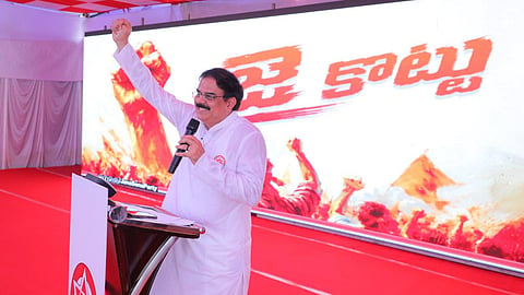 The chairman of the Jana Sena Partys Political Affairs Committee Nadendla Manohar during the launch of the partys official youth wing titled Jai Kottu in Pithapuram on Wednesday.