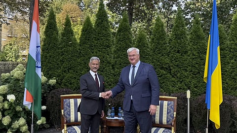 External Affairs Minister S Jaishankar, left, with Foreign Minister of Ukraine Andrii Sybiha during a meeting, in Kyiv, Ukraine.