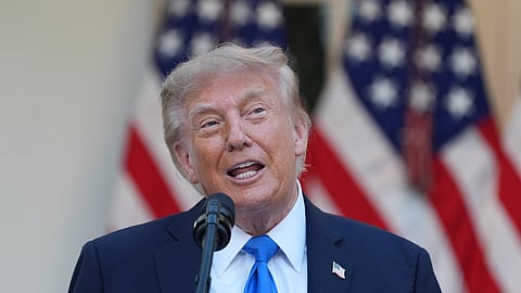 US President Donald Trump speaks during an event with Republican lawmakers in the Rose Garden of the White House, Wednesday, Sept. 2, 2026, in Washington.